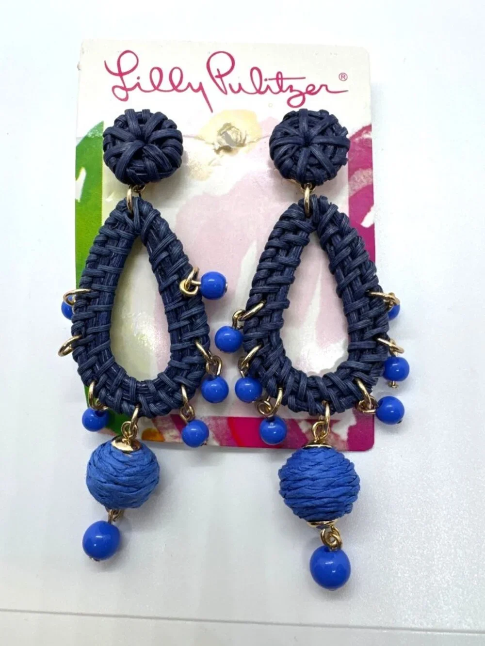Lilly Pulitzer GWP Raffia Drop Earrings Alba Blue Beaded Teardrop Coastal Beachy